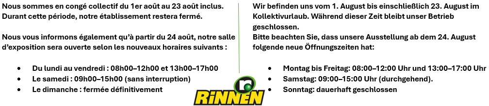 Wir befinden uns vom 1. August bis einschließlich 23. August im Kollektivurlaub. Während dieser Zeit bleibt unser Betrieb geschlossen.